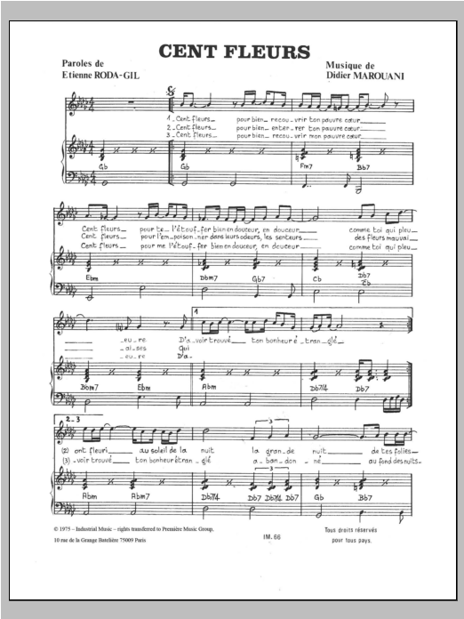 Didier Marouani Cent Fleurs Sheet Music Notes & Chords for Piano & Vocal - Download or Print PDF
