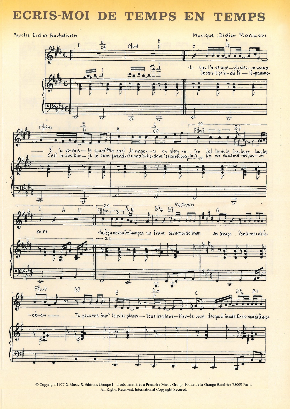 Didier Marouani Ecris Moi De Temps En Temps Sheet Music Notes & Chords for Piano & Vocal - Download or Print PDF