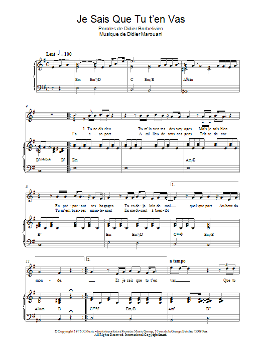 Didier Marouani Je Sais Que Tu T'en Vas Sheet Music Notes & Chords for Piano & Vocal - Download or Print PDF