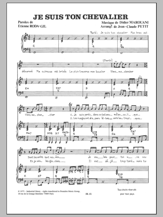 Didier Marouani Je Suis Ton Chevalier Sheet Music Notes & Chords for Piano & Vocal - Download or Print PDF