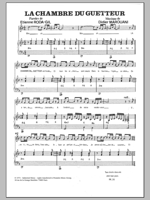 Didier Marouani La Chambre Du Guetteur Sheet Music Notes & Chords for Piano & Vocal - Download or Print PDF