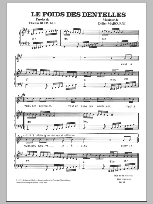 Didier Marouani Le Poids Des Dentelles Sheet Music Notes & Chords for Piano & Vocal - Download or Print PDF