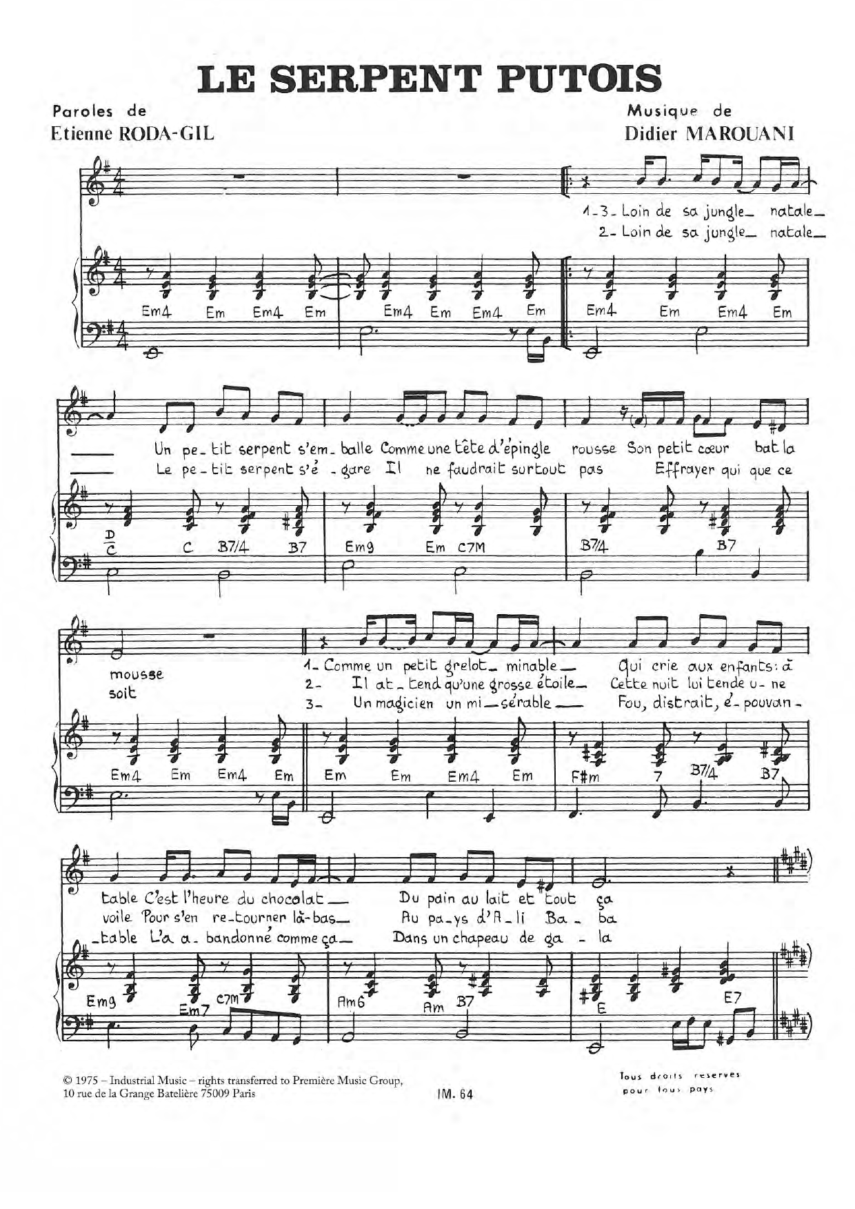 Didier Marouani Le Serpent Putois Sheet Music Notes & Chords for Piano & Vocal - Download or Print PDF