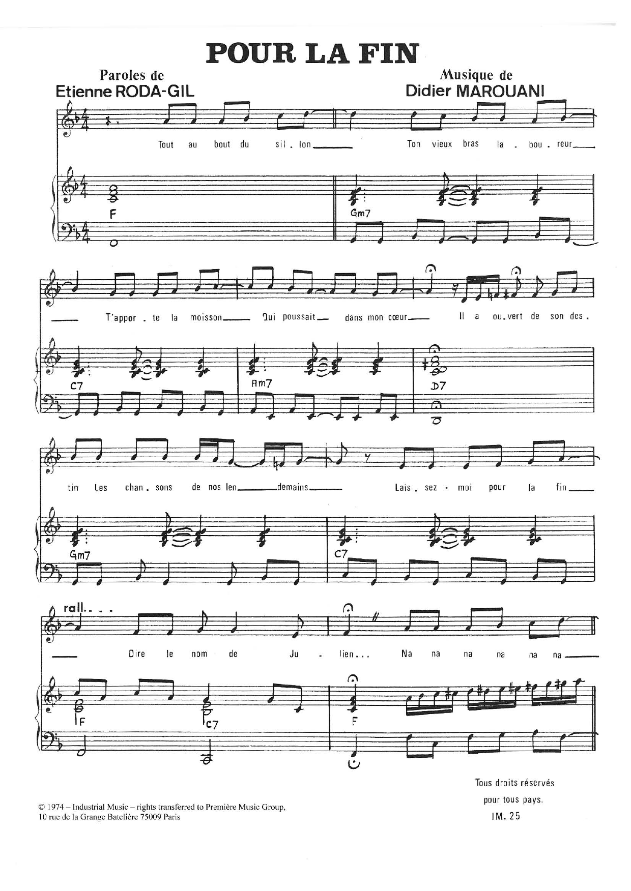Didier Marouani Pour La Fin Sheet Music Notes & Chords for Piano & Vocal - Download or Print PDF