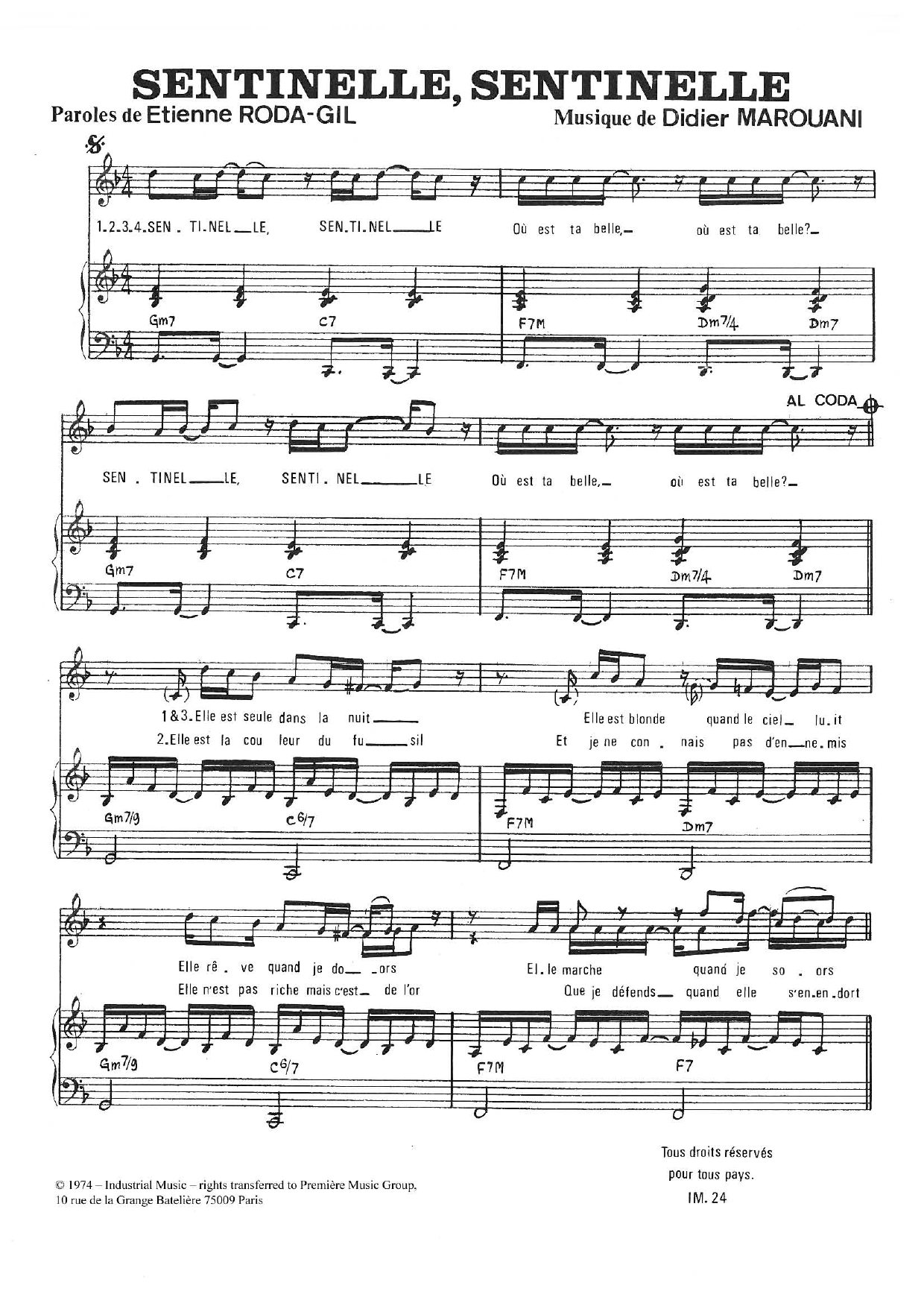 Didier Marouani Sentinelle, Sentinelle Sheet Music Notes & Chords for Piano & Vocal - Download or Print PDF