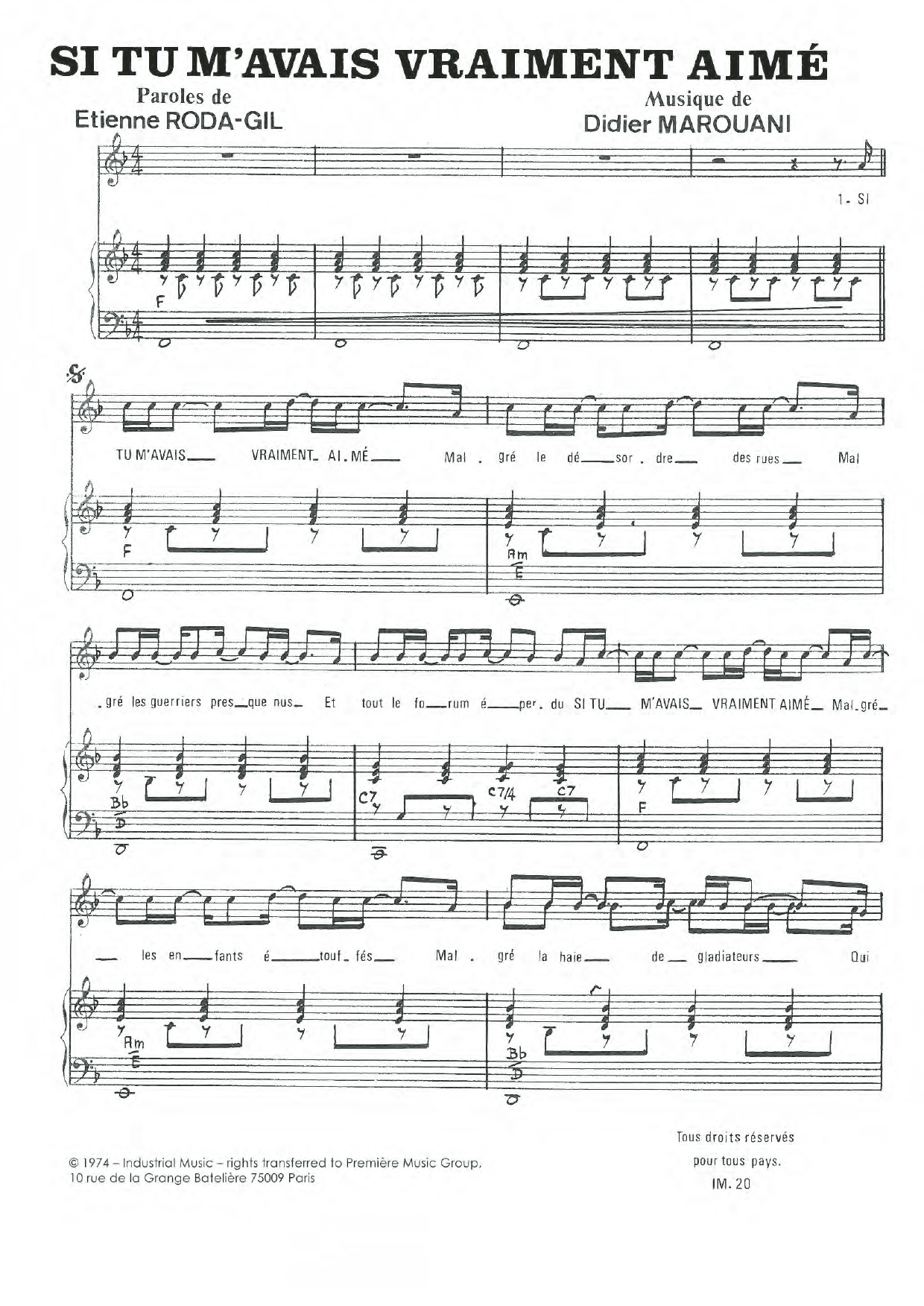 Didier Marouani Si Tu M'avais Vraiment Aime Sheet Music Notes & Chords for Piano & Vocal - Download or Print PDF