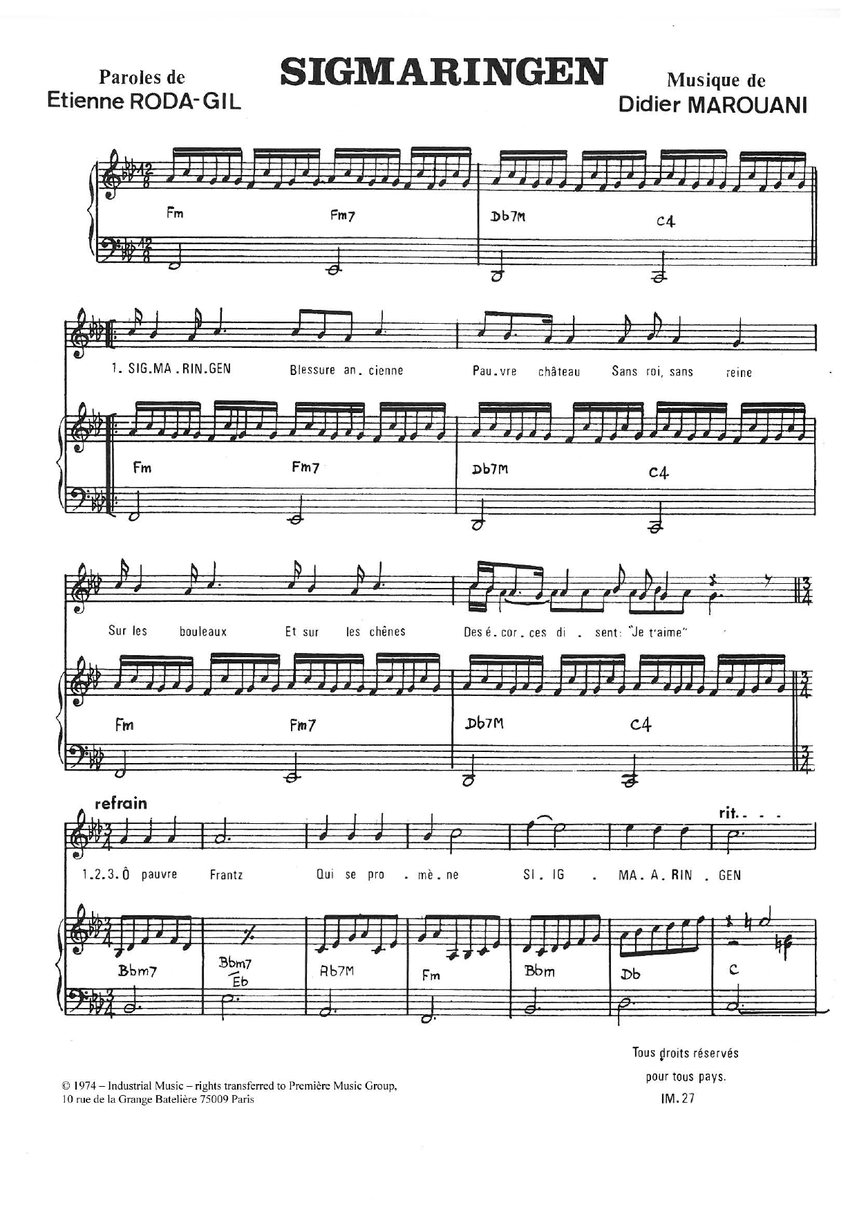Didier Marouani Sigmaringen Sheet Music Notes & Chords for Piano & Vocal - Download or Print PDF