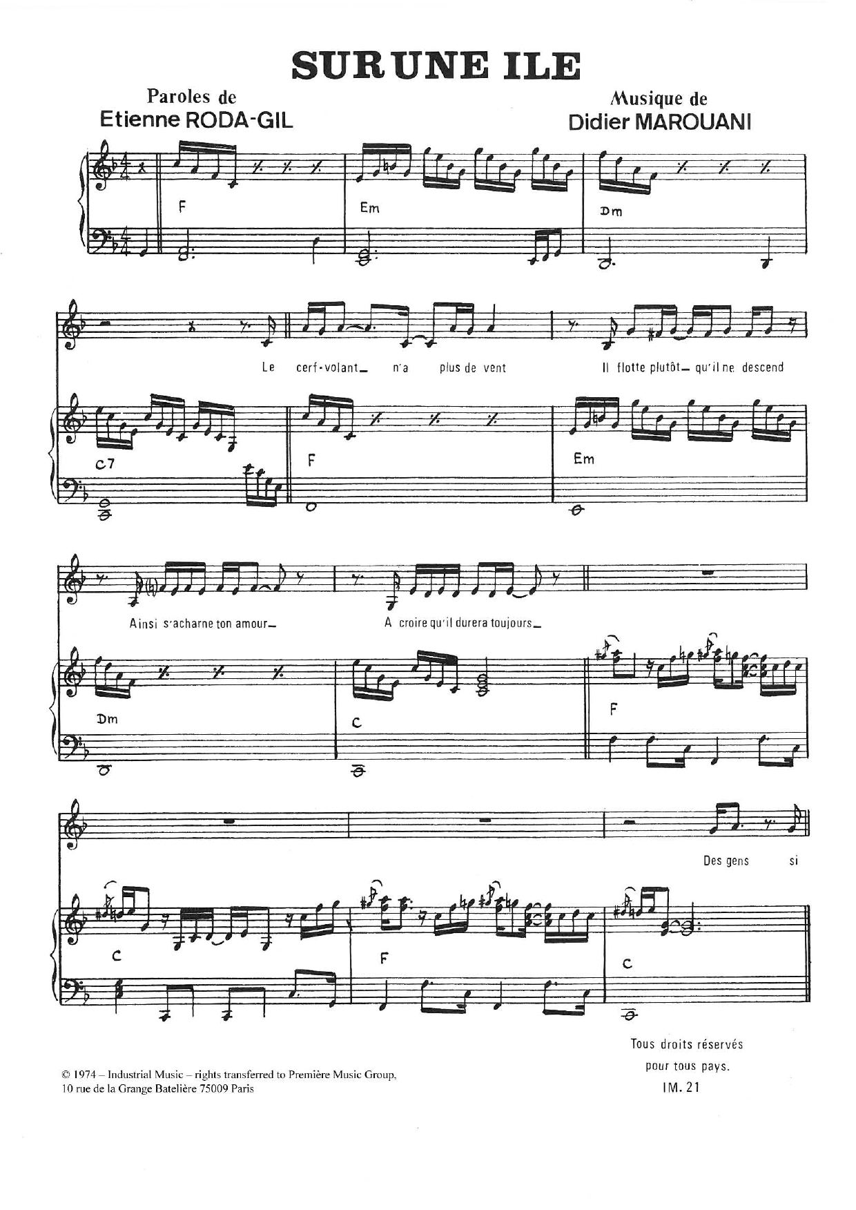 Didier Marouani Sur Une Ile Sheet Music Notes & Chords for Piano & Vocal - Download or Print PDF