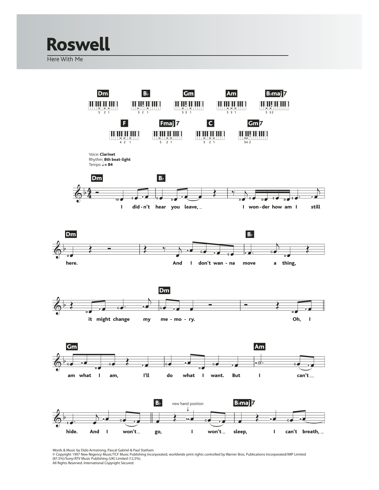 Dido Armstrong Here With Me (Theme from Roswell) Sheet Music Notes & Chords for Keyboard - Download or Print PDF
