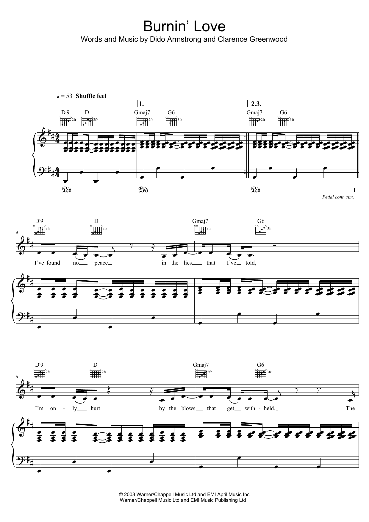 Dido Burnin' Love Sheet Music Notes & Chords for Piano, Vocal & Guitar (Right-Hand Melody) - Download or Print PDF