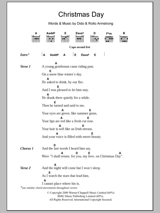 Dido Christmas Day Sheet Music Notes & Chords for Lyrics & Chords - Download or Print PDF