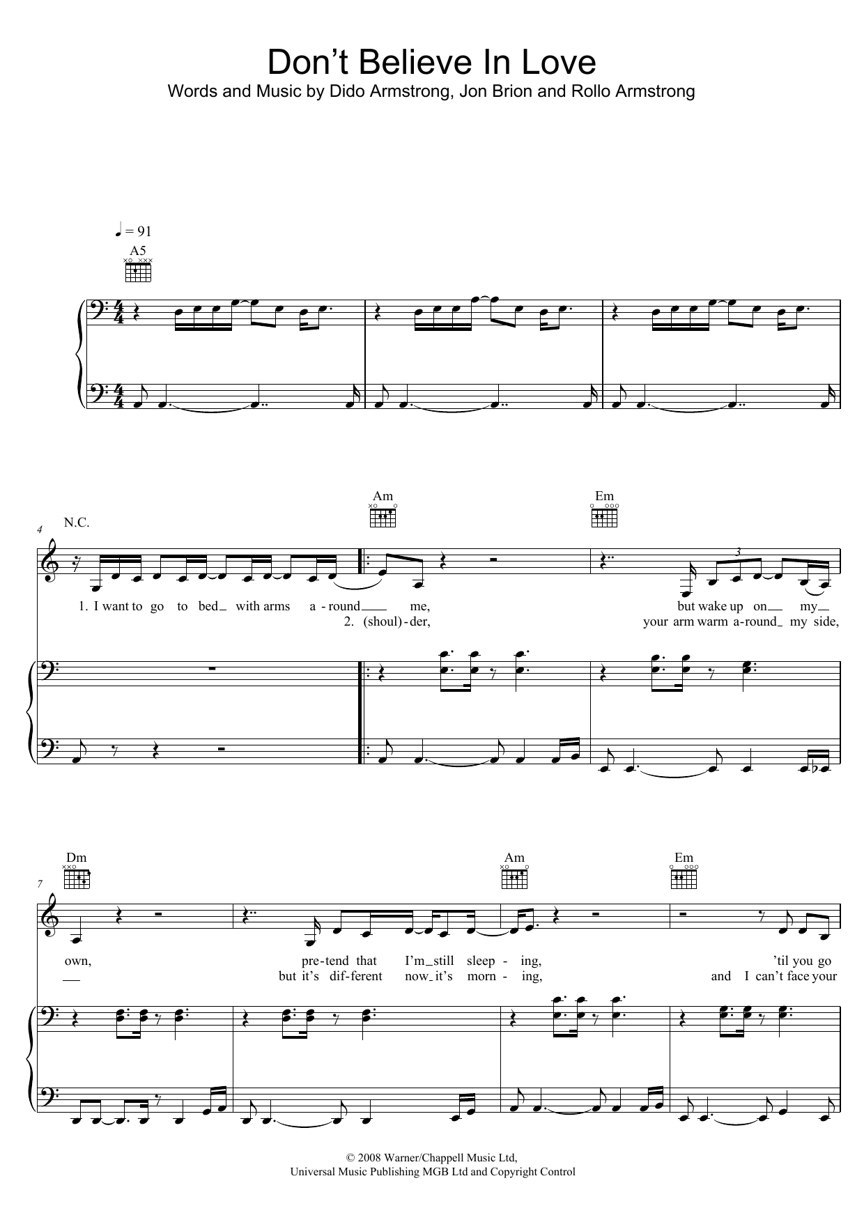 Dido Don't Believe In Love Sheet Music Notes & Chords for Piano, Vocal & Guitar (Right-Hand Melody) - Download or Print PDF