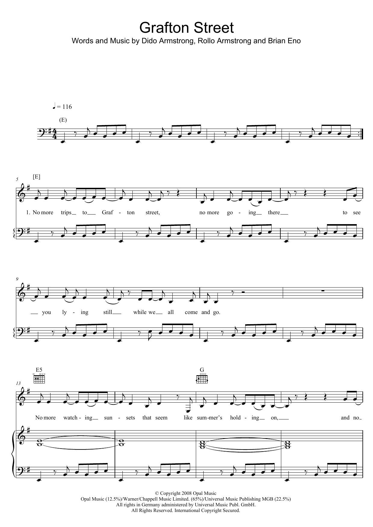 Dido Grafton Street Sheet Music Notes & Chords for Piano, Vocal & Guitar (Right-Hand Melody) - Download or Print PDF