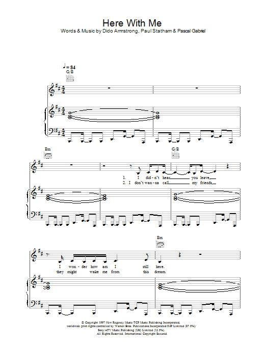Dido Here With Me Sheet Music Notes & Chords for Piano, Vocal & Guitar - Download or Print PDF