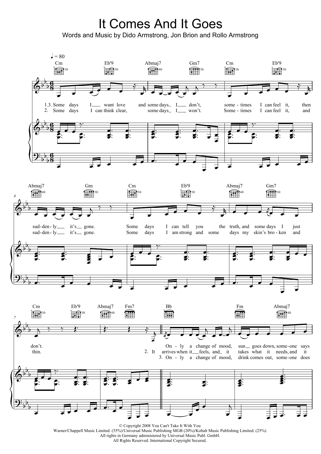 Dido It Comes And It Goes Sheet Music Notes & Chords for Piano, Vocal & Guitar (Right-Hand Melody) - Download or Print PDF