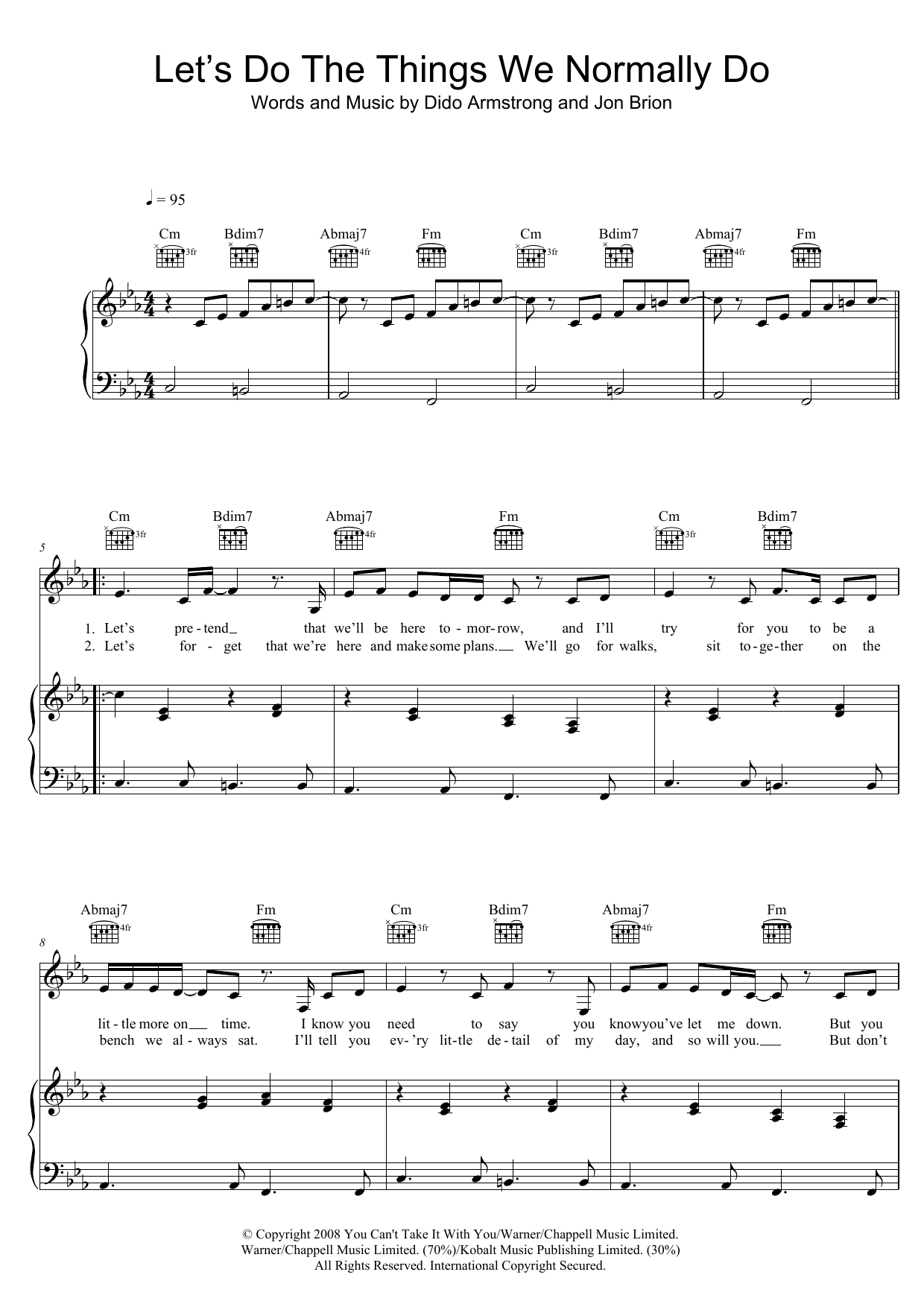 Dido Let's Do The Things We Normally Do Sheet Music Notes & Chords for Piano, Vocal & Guitar (Right-Hand Melody) - Download or Print PDF