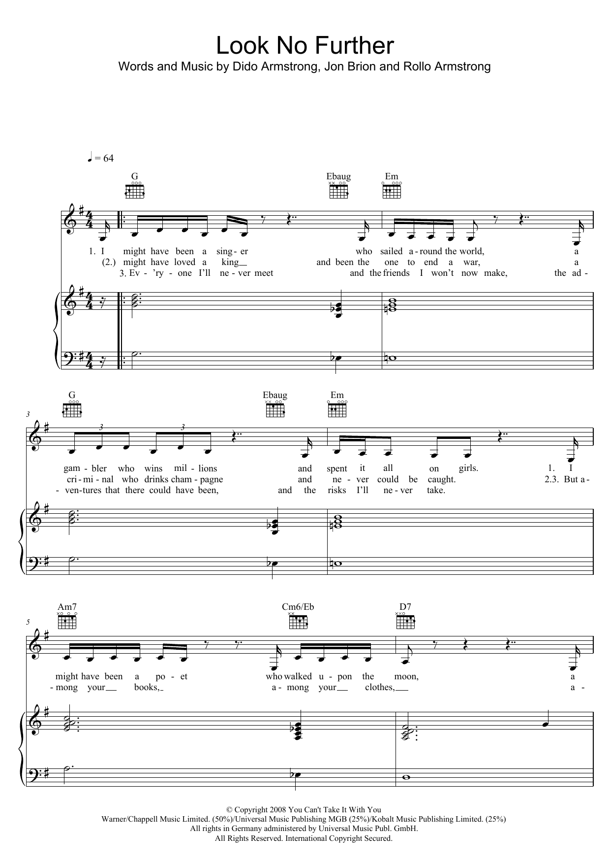 Dido Look No Further Sheet Music Notes & Chords for Piano, Vocal & Guitar (Right-Hand Melody) - Download or Print PDF