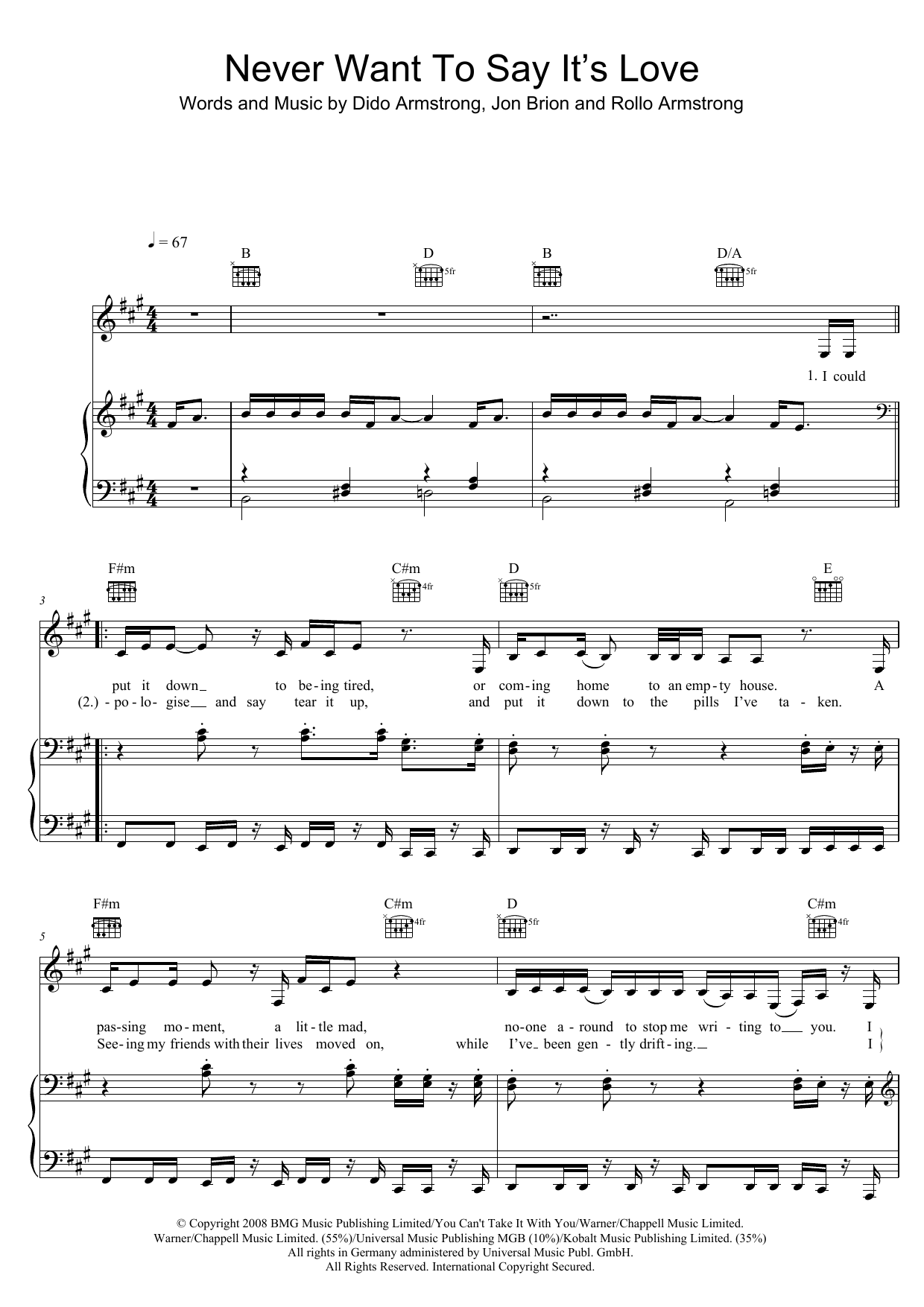 Dido Never Want To Say It's Love Sheet Music Notes & Chords for Piano, Vocal & Guitar (Right-Hand Melody) - Download or Print PDF