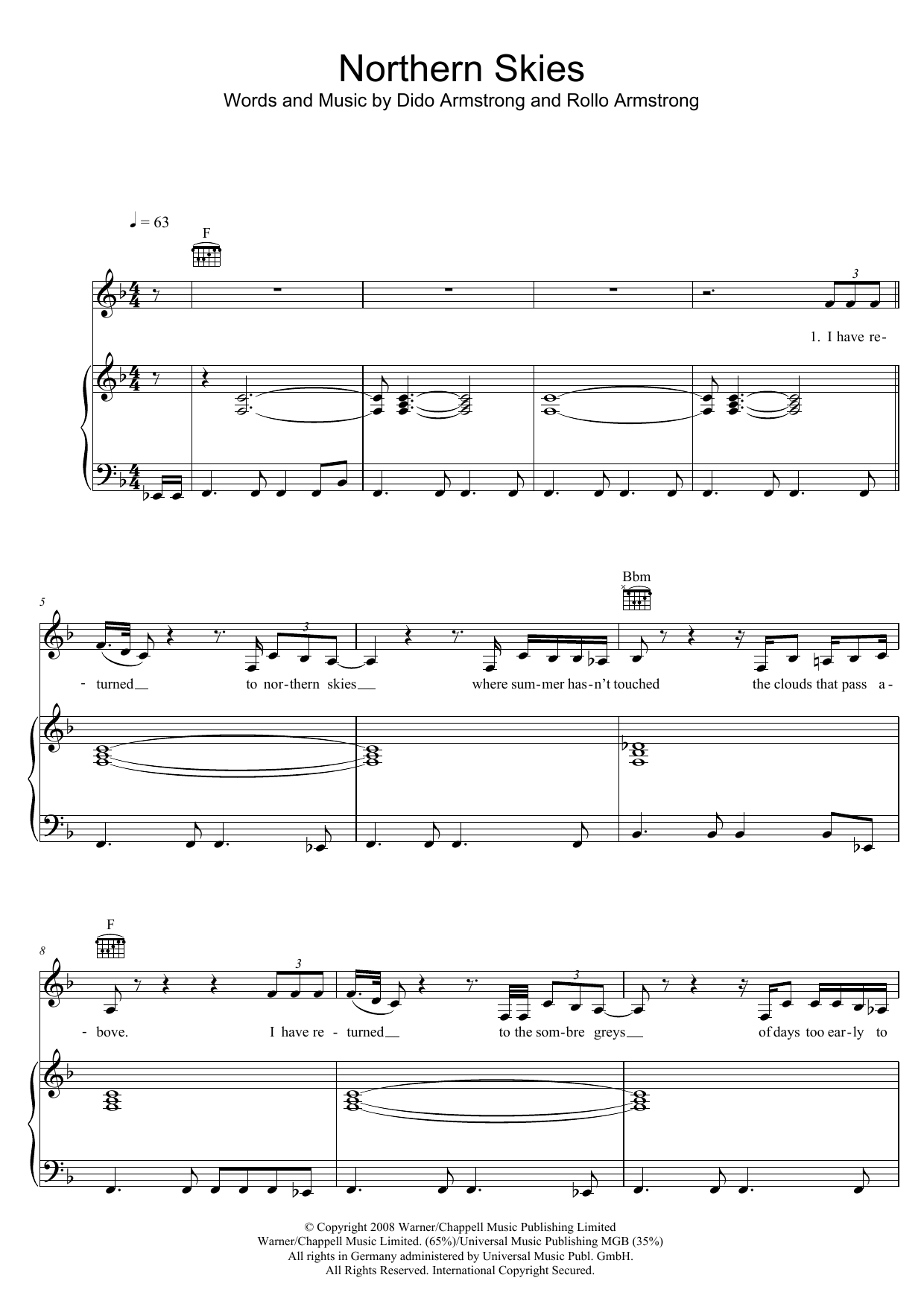 Dido Northern Skies Sheet Music Notes & Chords for Piano, Vocal & Guitar (Right-Hand Melody) - Download or Print PDF
