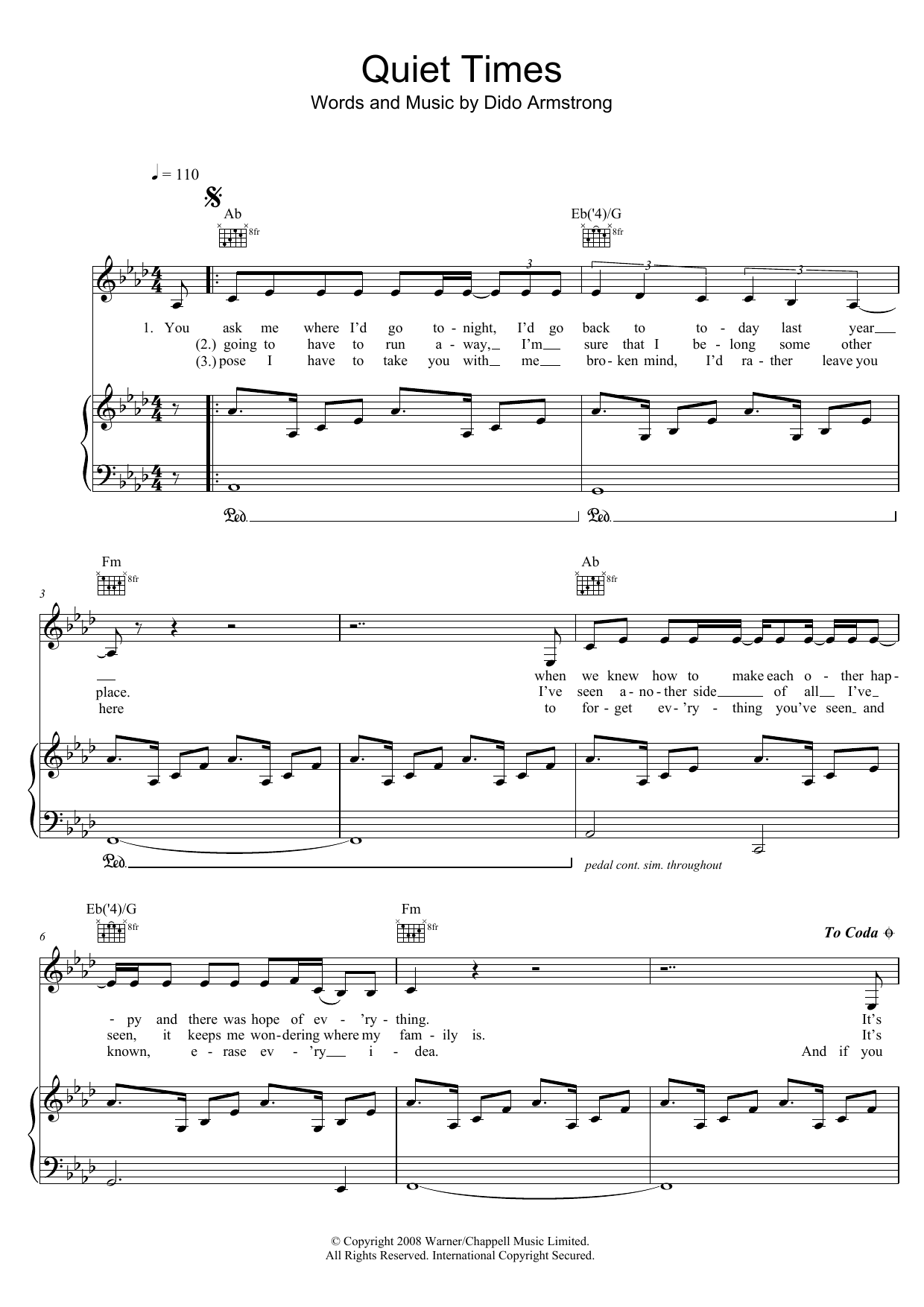 Dido Quiet Times Sheet Music Notes & Chords for Piano, Vocal & Guitar (Right-Hand Melody) - Download or Print PDF