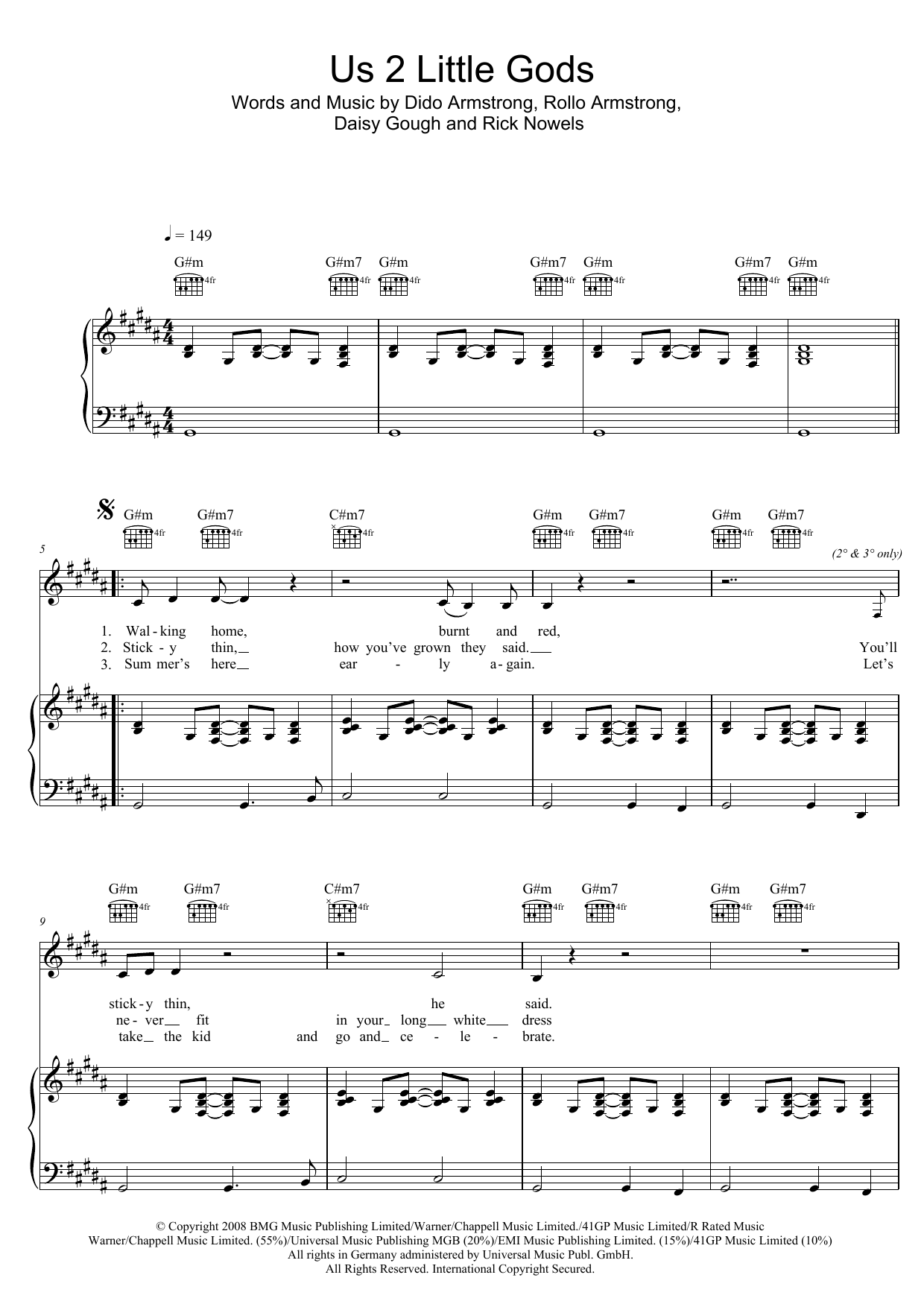 Dido Us 2 Little Gods Sheet Music Notes & Chords for Piano, Vocal & Guitar (Right-Hand Melody) - Download or Print PDF