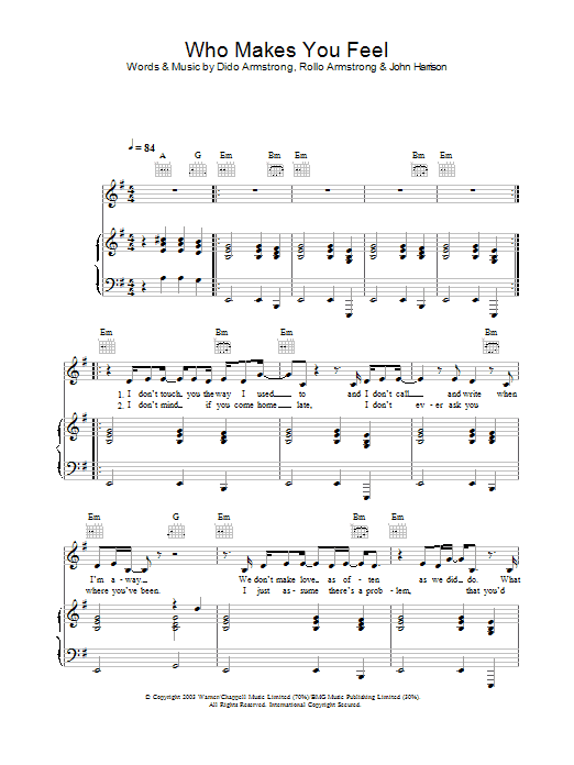 Preview Dido Who Makes You Feel Pop sheet music, notes and chords for Piano, Vocal & Guitar, SKU: 25899 Who Makes You Feel sheet music