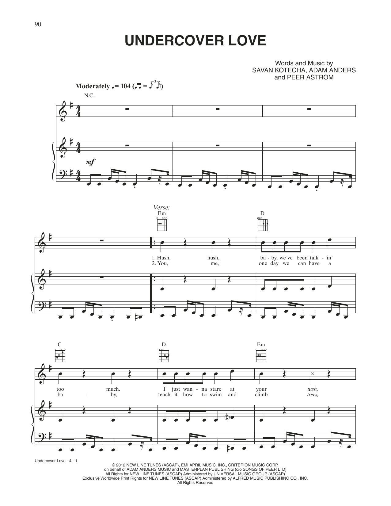 Diego Boneta Undercover Love (from Rock Of Ages) Sheet Music Notes & Chords for Piano, Vocal & Guitar Chords (Right-Hand Melody) - Download or Print PDF