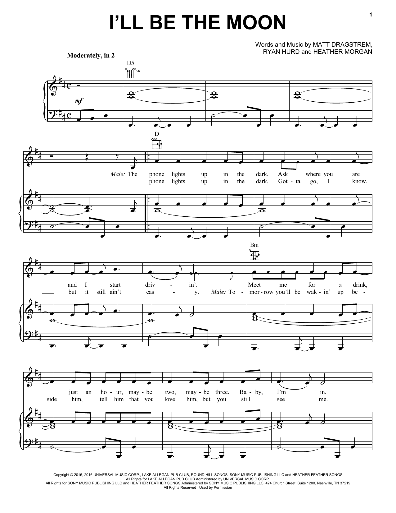 Dierks Bentley & Maren Morris I'll Be The Moon Sheet Music Notes & Chords for Piano, Vocal & Guitar (Right-Hand Melody) - Download or Print PDF