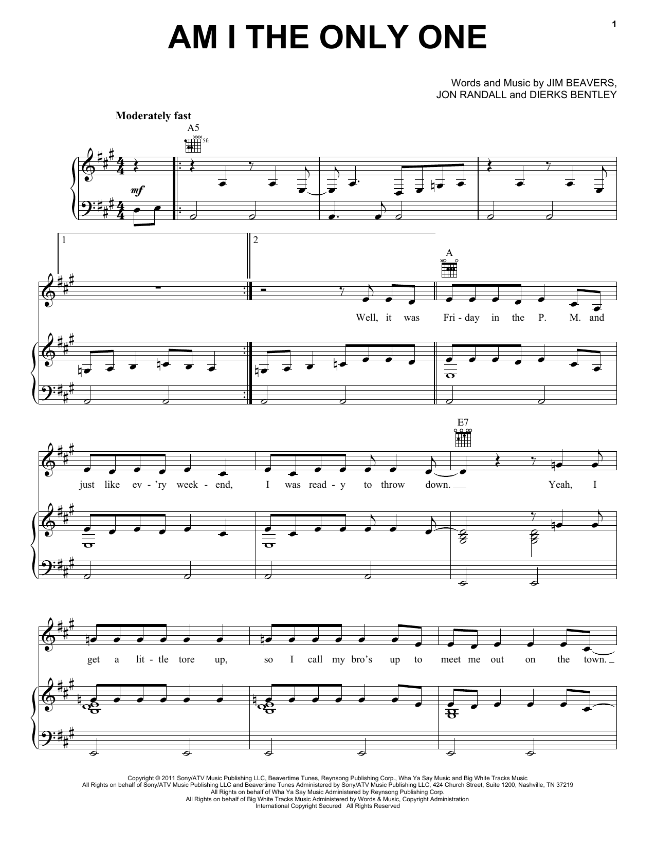 Dierks Bentley Am I The Only One Sheet Music Notes & Chords for Piano, Vocal & Guitar (Right-Hand Melody) - Download or Print PDF