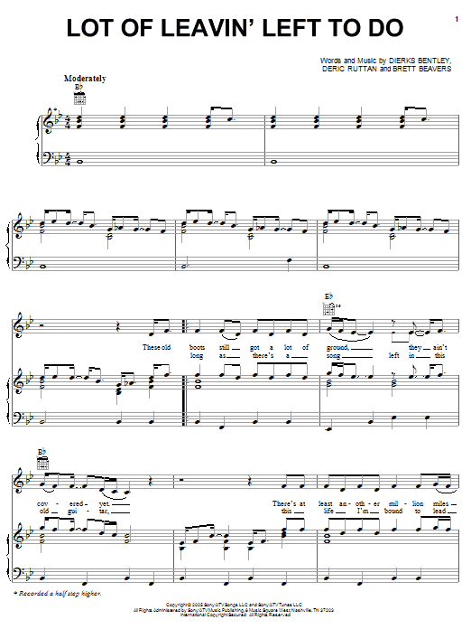 Dierks Bentley Lot Of Leavin' Left To Do Sheet Music Notes & Chords for Piano, Vocal & Guitar (Right-Hand Melody) - Download or Print PDF