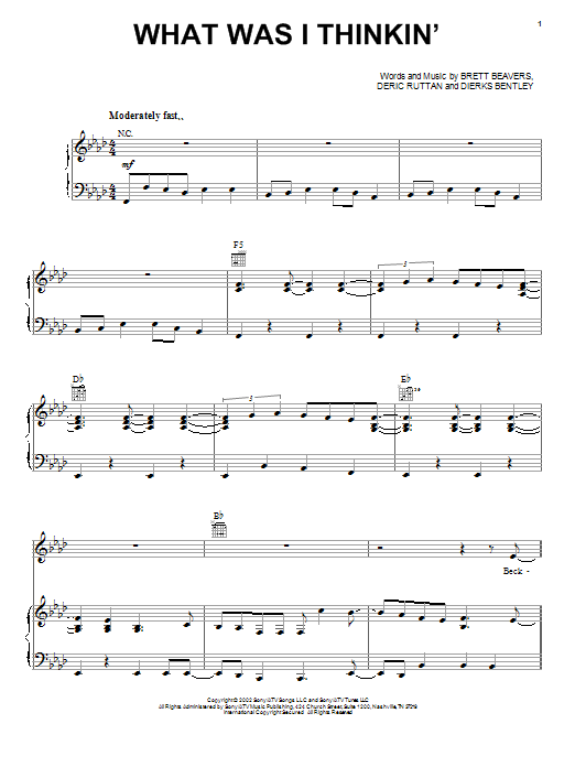 Dierks Bentley What Was I Thinkin' Sheet Music Notes & Chords for Piano, Vocal & Guitar (Right-Hand Melody) - Download or Print PDF