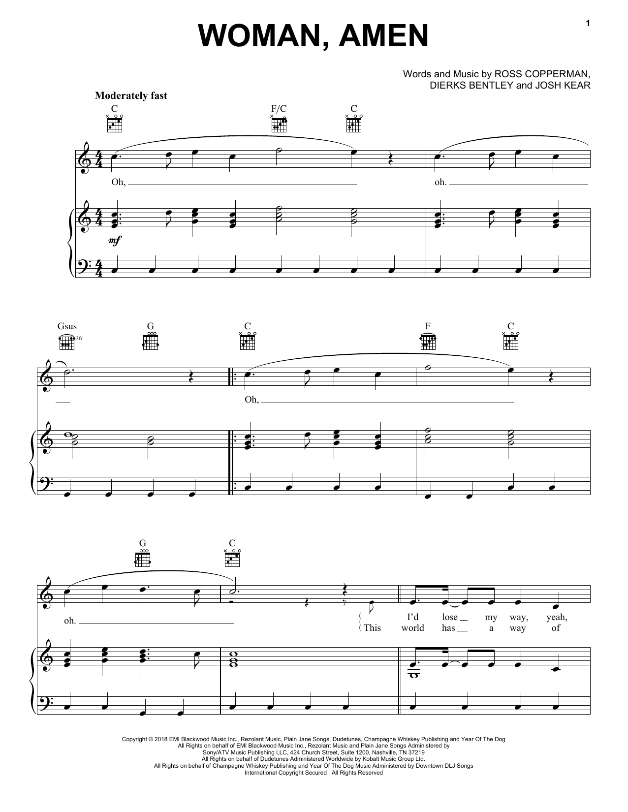 Dierks Bentley Woman, Amen Sheet Music Notes & Chords for Piano, Vocal & Guitar (Right-Hand Melody) - Download or Print PDF