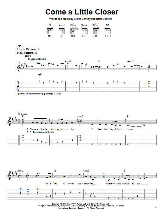 Preview Dierks Bentley Come A Little Closer Pop sheet music, notes and chords for Piano, Vocal & Guitar (Right-Hand Melody), SKU: 54318 Come A Little Closer sheet music