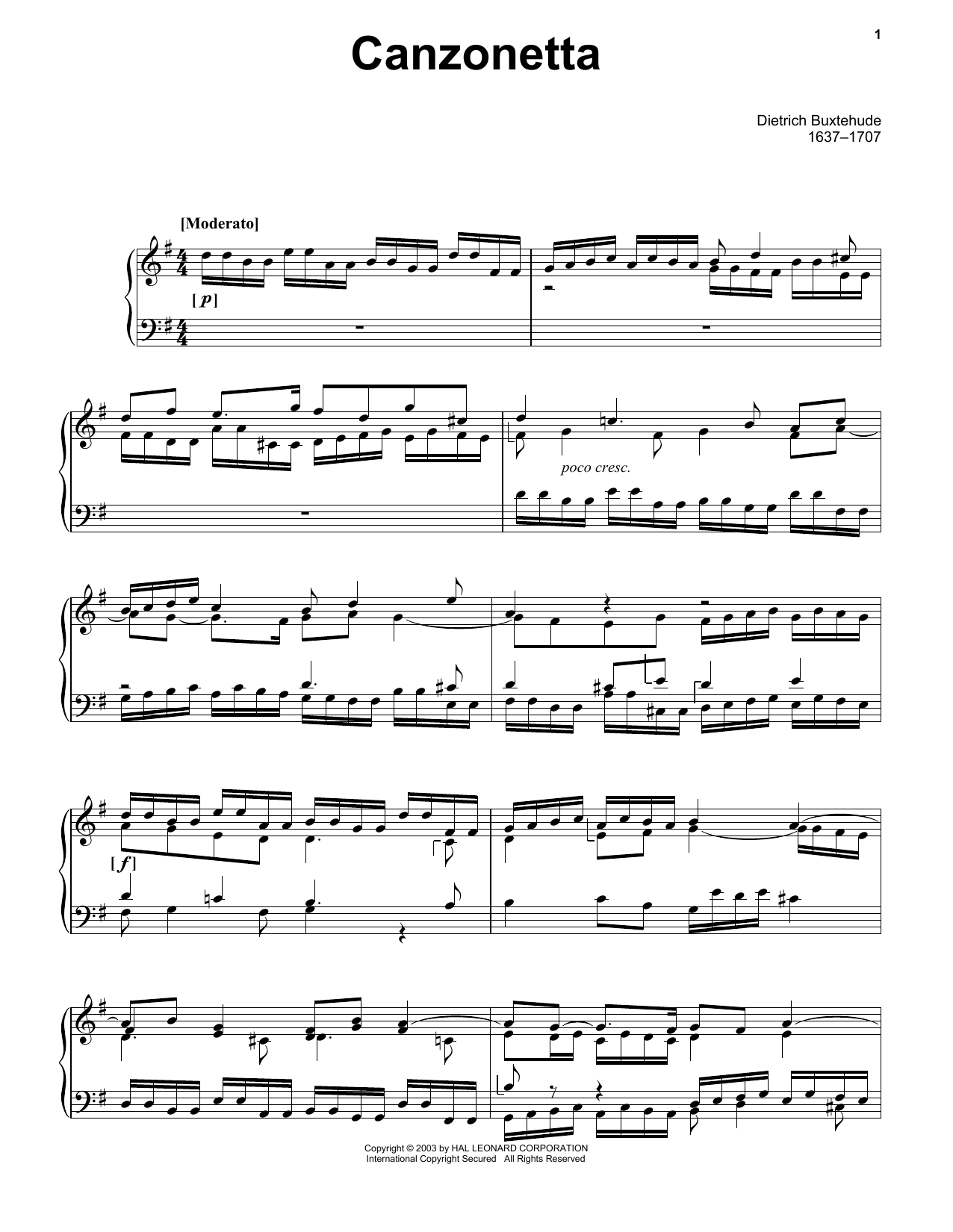 Dietrich Buxtehude Canzonetta In D Major Sheet Music Notes & Chords for Piano Solo - Download or Print PDF