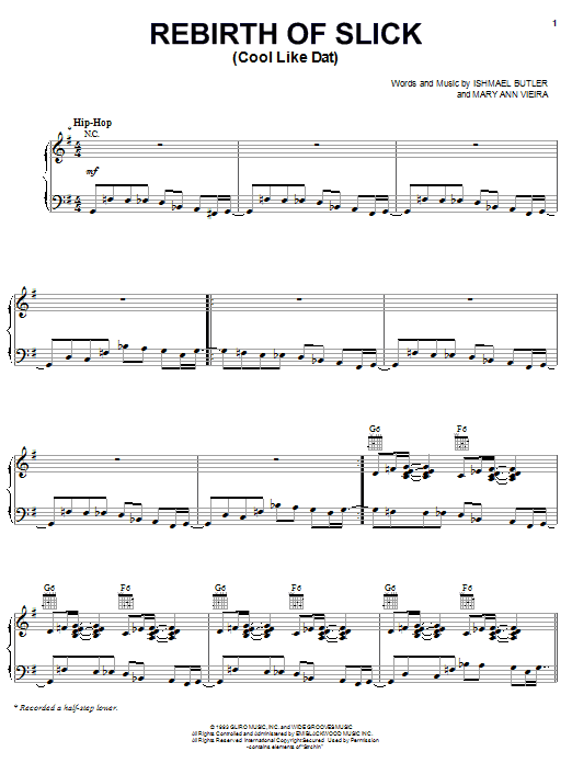 Digable Planets Rebirth Of Slick (Cool Like Dat) Sheet Music Notes & Chords for Piano, Vocal & Guitar (Right-Hand Melody) - Download or Print PDF