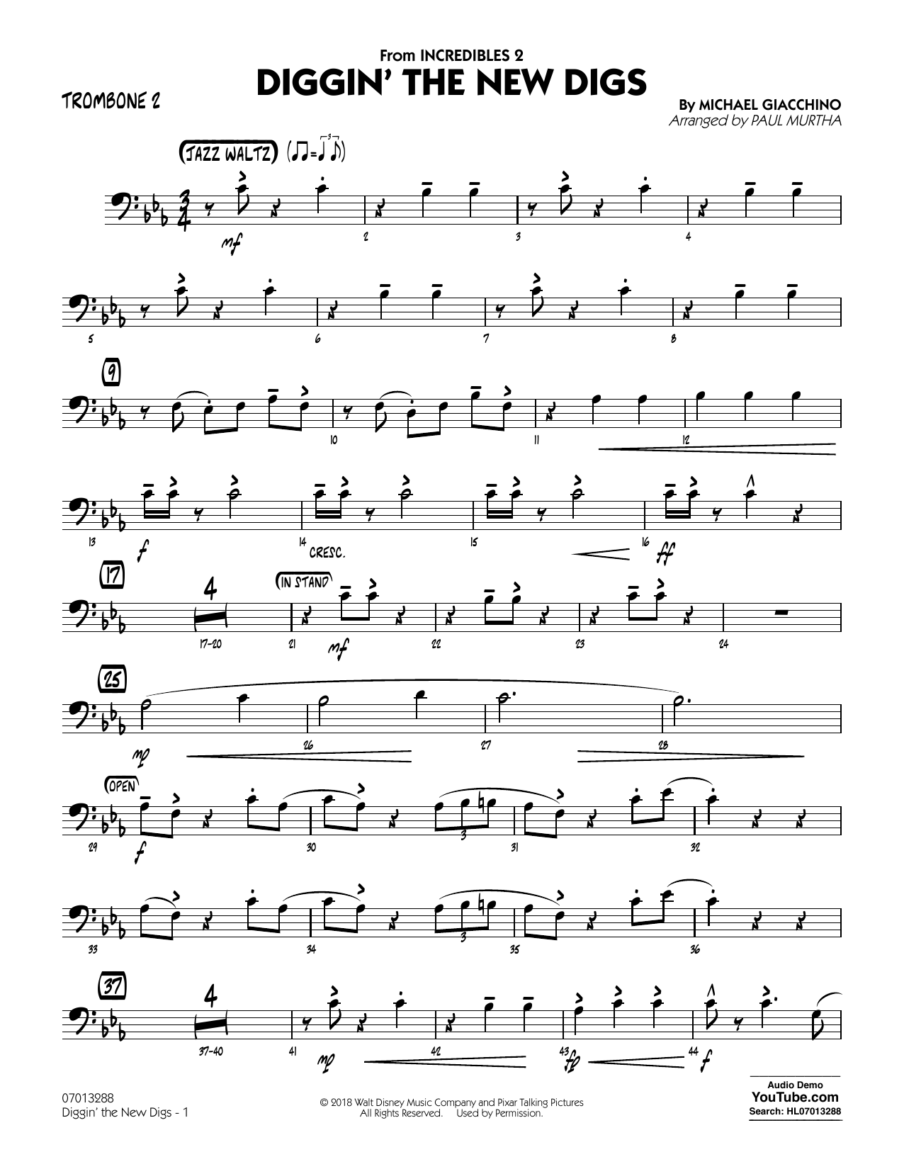 Michael Giacchino Diggin The New Digs From Incredibles 2 Arr Paul Murtha Trombone 2 Sheet Music Download Pdf Score 410689