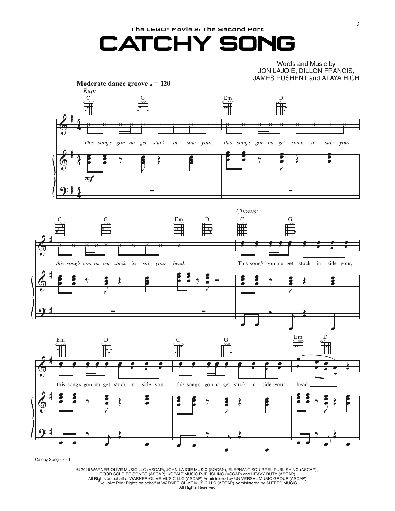 Dillon Francis Catchy Song (from The Lego Movie 2) (feat. T-Pain & That Girl Lay Lay) Sheet Music Notes & Chords for Piano, Vocal & Guitar Chords (Right-Hand Melody) - Download or Print PDF