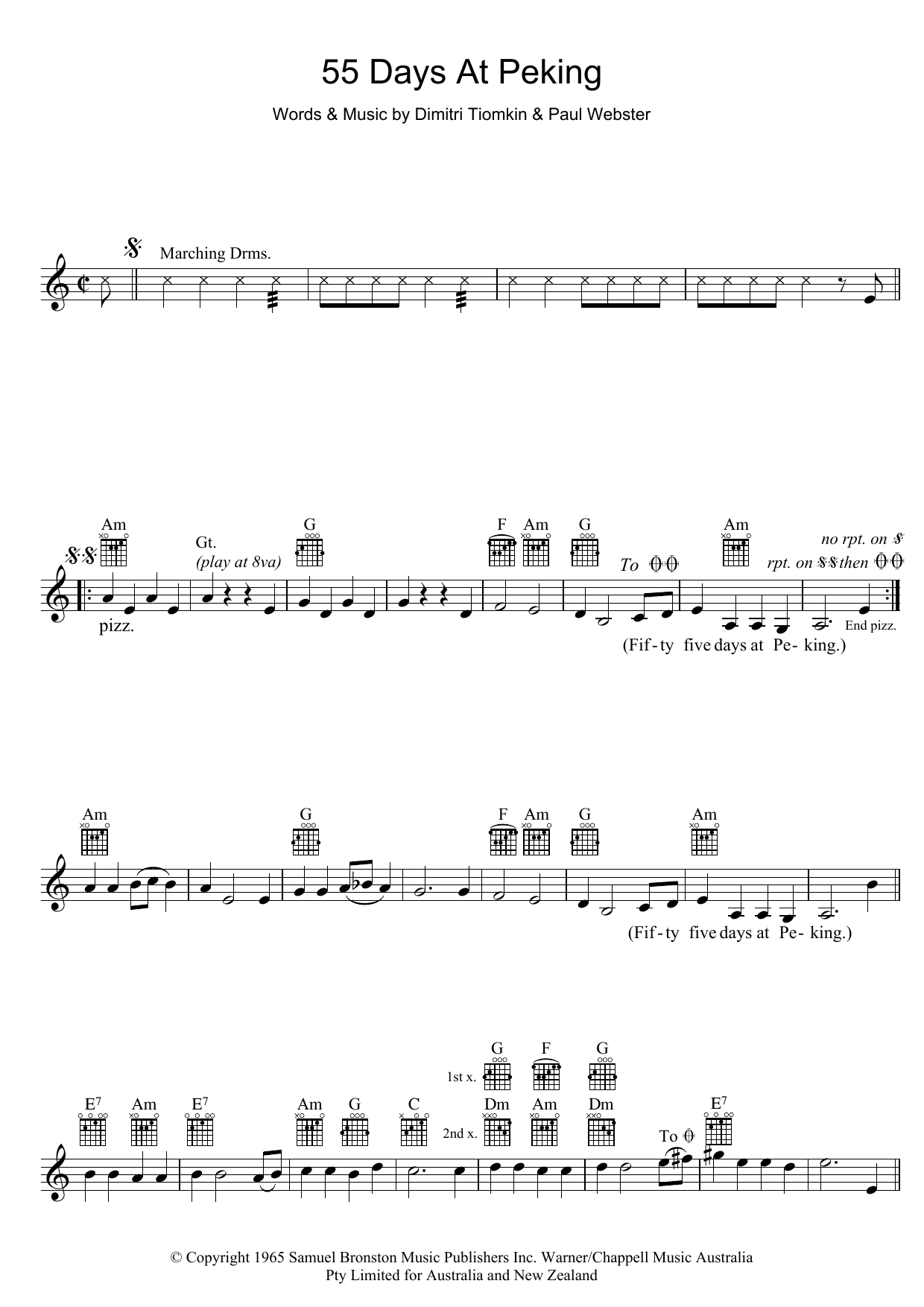 Dimitri Tiomkin 55 Days At Peking Sheet Music Notes & Chords for Piano, Vocal & Guitar (Right-Hand Melody) - Download or Print PDF