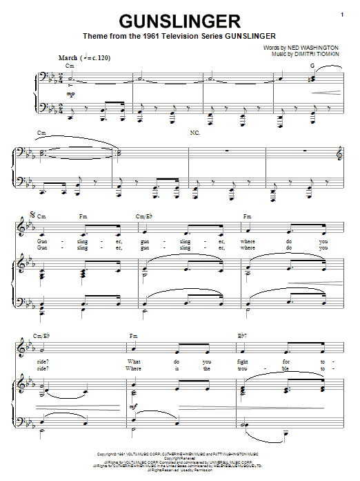 Dimitri Tiomkin Gunslinger Sheet Music Notes & Chords for Piano, Vocal & Guitar (Right-Hand Melody) - Download or Print PDF