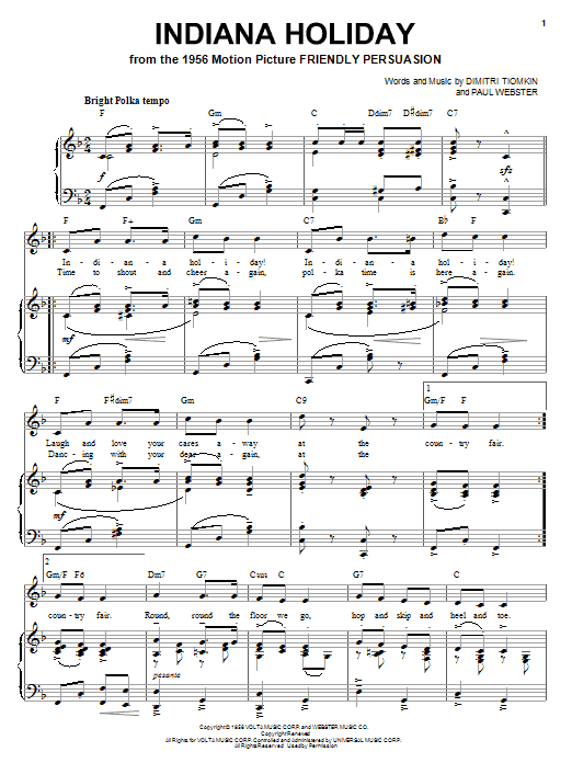 Dimitri Tiomkin Indiana Holiday Sheet Music Notes & Chords for Piano, Vocal & Guitar (Right-Hand Melody) - Download or Print PDF