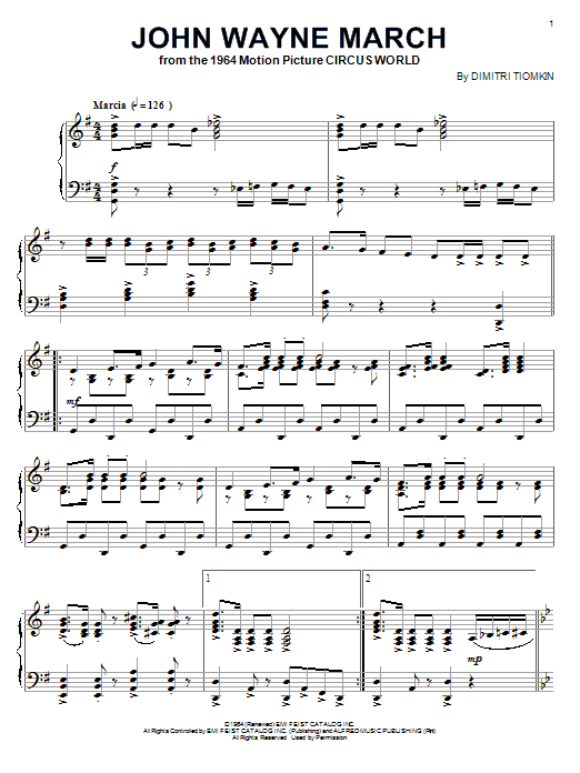 Dimitri Tiomkin John Wayne March Sheet Music Notes & Chords for Piano - Download or Print PDF
