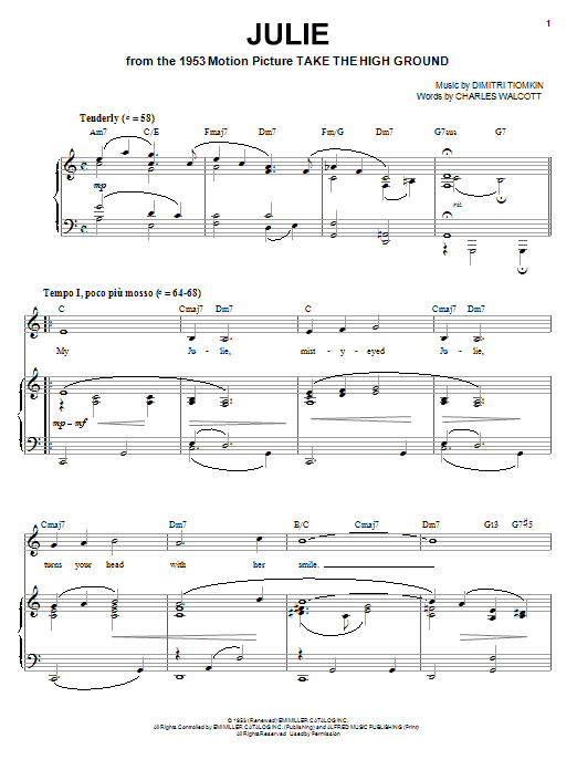 Dimitri Tiomkin Julie Sheet Music Notes & Chords for Piano, Vocal & Guitar (Right-Hand Melody) - Download or Print PDF