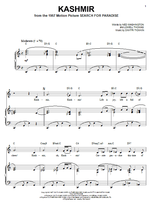 Dimitri Tiomkin Kashmir Sheet Music Notes & Chords for Piano, Vocal & Guitar (Right-Hand Melody) - Download or Print PDF