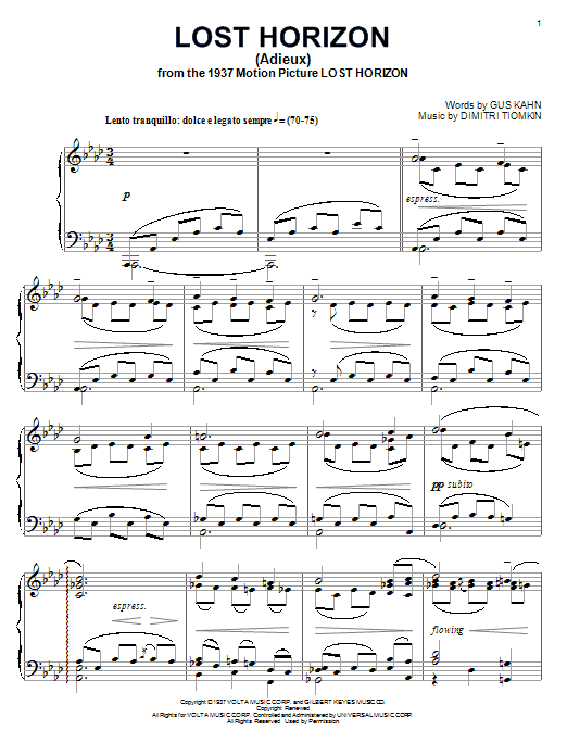 Dimitri Tiomkin Lost Horizon Sheet Music Notes & Chords for Piano - Download or Print PDF