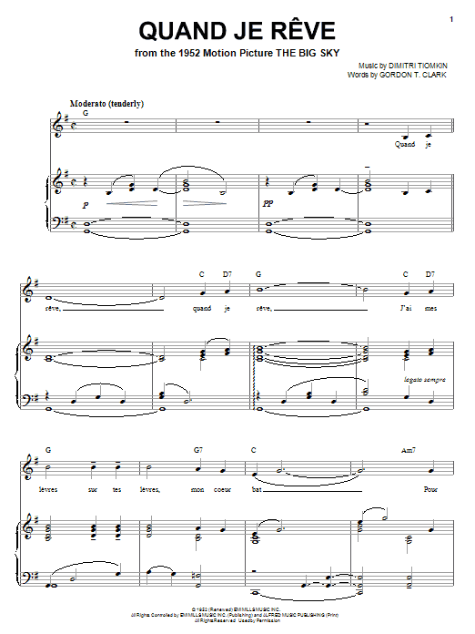 Dimitri Tiomkin Quand Je Reve Sheet Music Notes & Chords for Piano, Vocal & Guitar (Right-Hand Melody) - Download or Print PDF