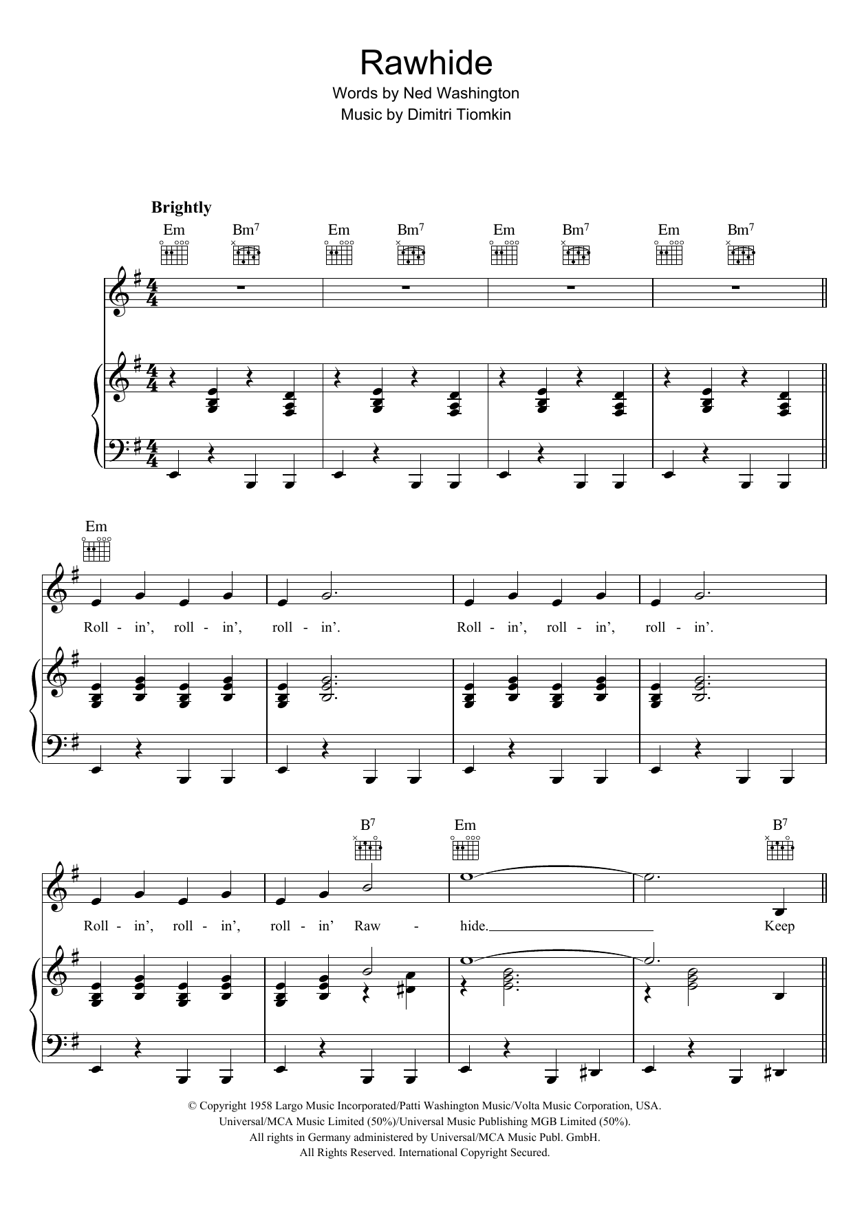 Dimitri Tiomkin Rawhide Sheet Music Notes & Chords for Piano, Vocal & Guitar - Download or Print PDF