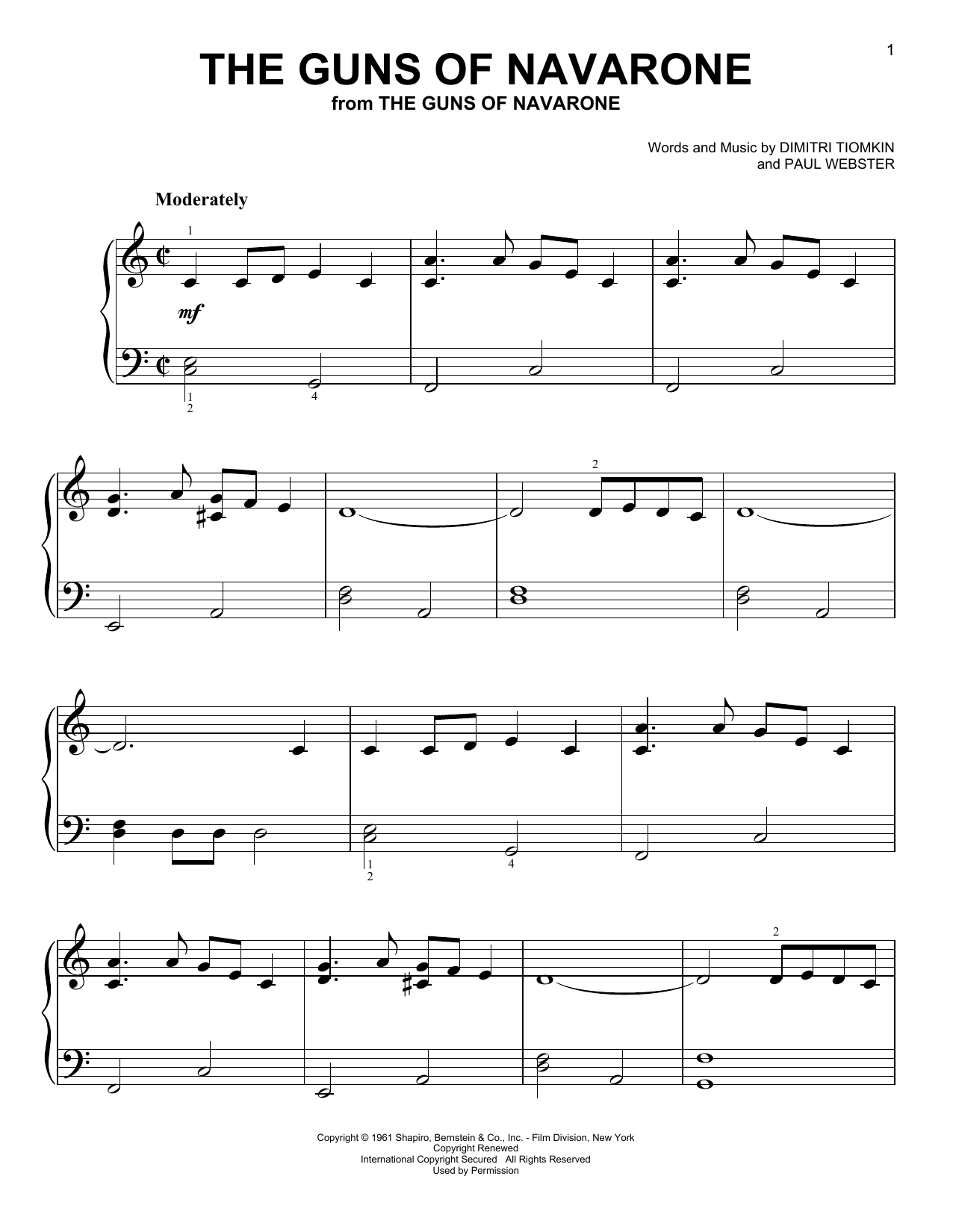 Dimitri Tiomkin The Guns Of Navarone (from The Guns of Navarone) Sheet Music Notes & Chords for Very Easy Piano - Download or Print PDF