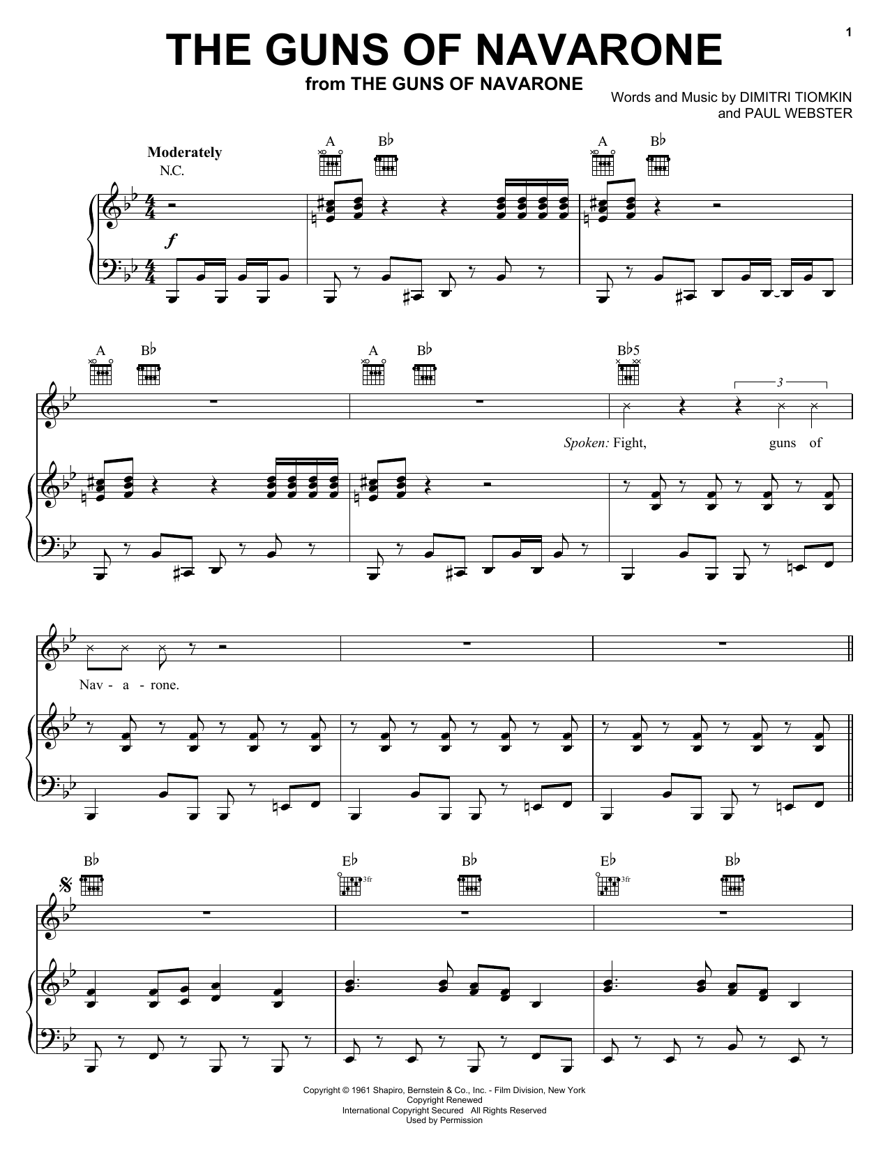 Dimitri Tiomkin The Guns Of Navarone Sheet Music Notes & Chords for Piano, Vocal & Guitar (Right-Hand Melody) - Download or Print PDF