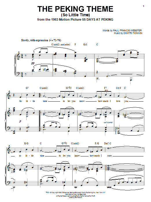 Dimitri Tiomkin The Peking Theme (So Little Time) Sheet Music Notes & Chords for Piano, Vocal & Guitar (Right-Hand Melody) - Download or Print PDF