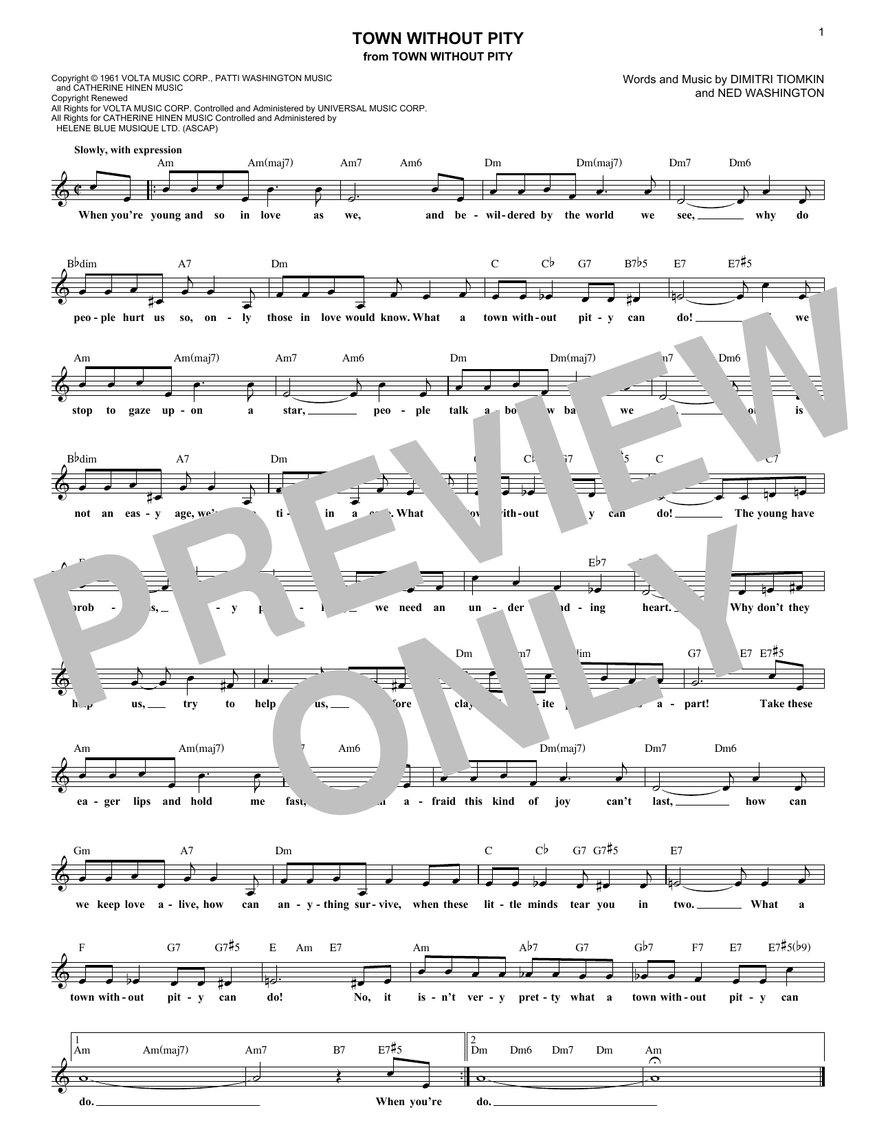 Dimitri Tiomkin Town Without Pity Sheet Music Notes & Chords for Melody Line, Lyrics & Chords - Download or Print PDF